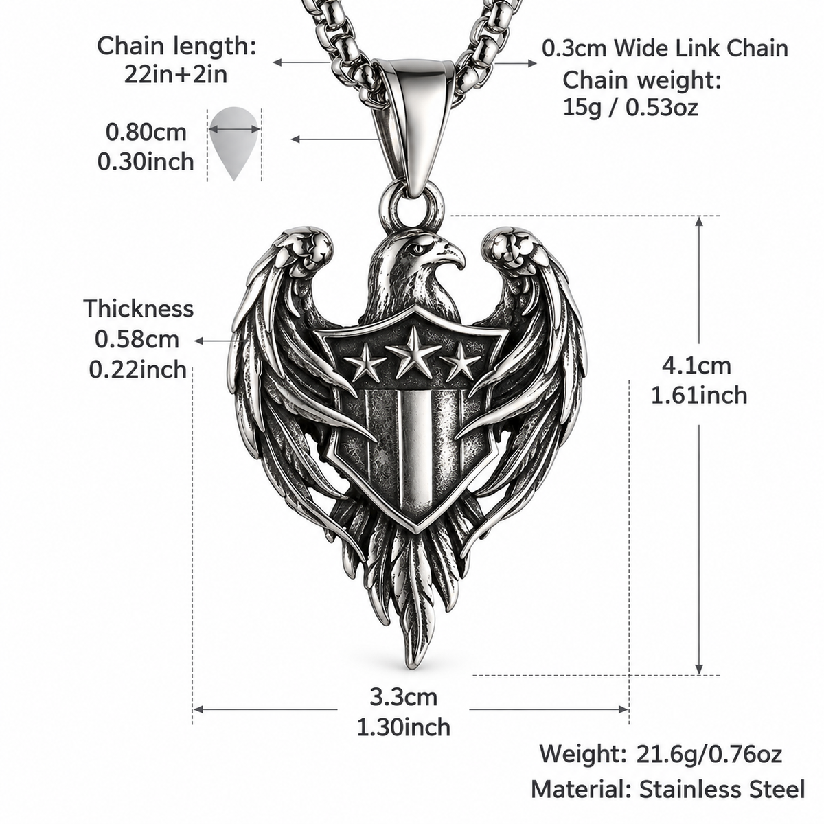 Eagle necklace size diagram with pendant and chain measurements
