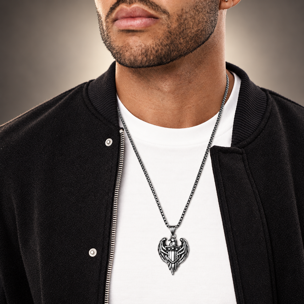 Man wearing the American flag eagle pendant necklace