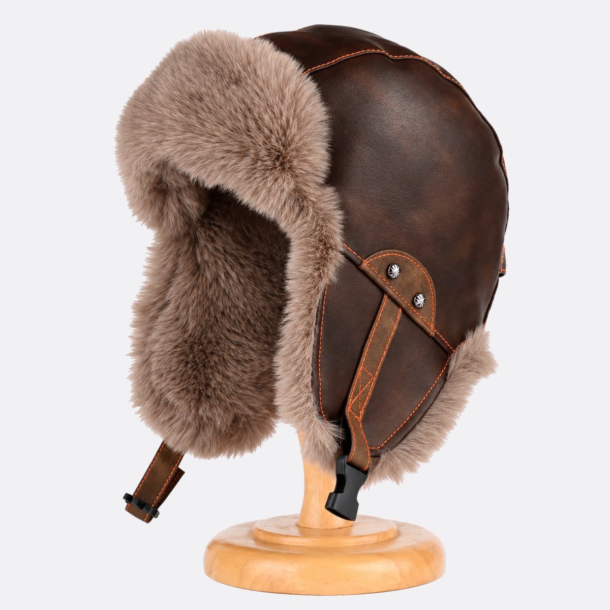 WWII-inspired pilot hat without goggles, showing faux fur lining and a chin strap