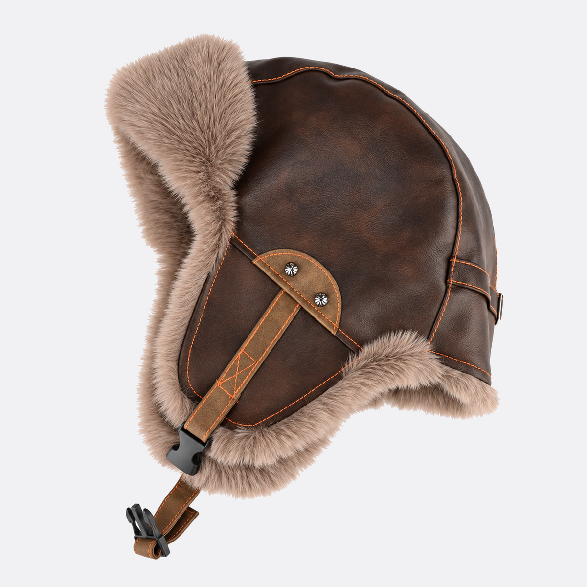 Side view of a faux leather winter aviator hat with an extended earflap and chin buckle