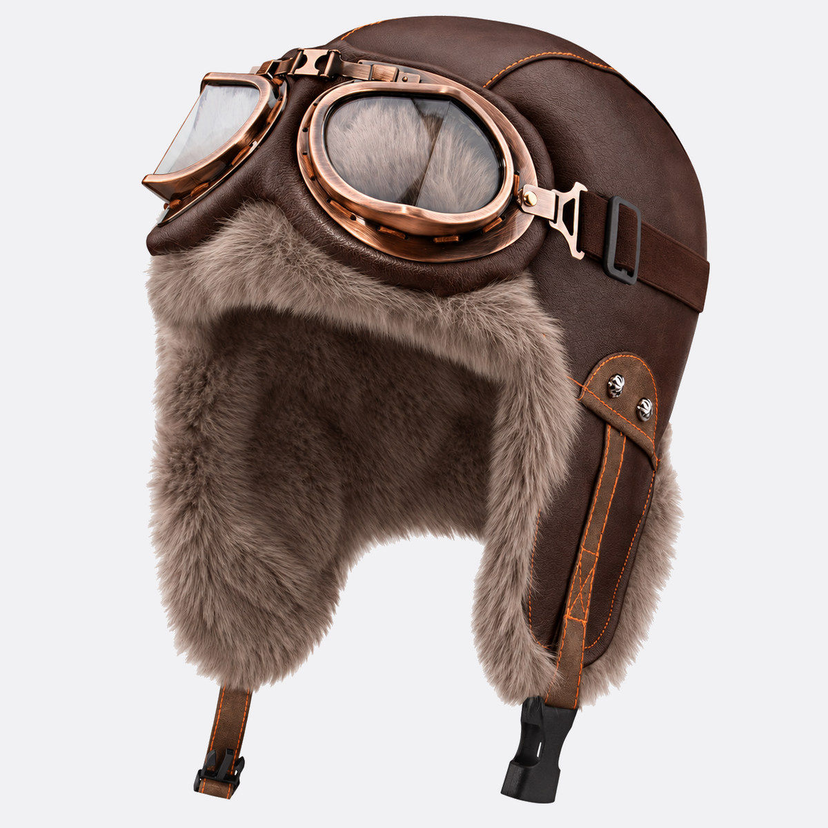 Brown faux leather aviator hat with retro goggles and faux fur earflaps