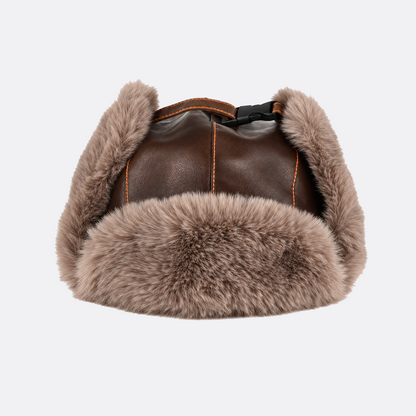 Aviator hat with earflaps folded up, showing faux fur trim and brown stitched panels