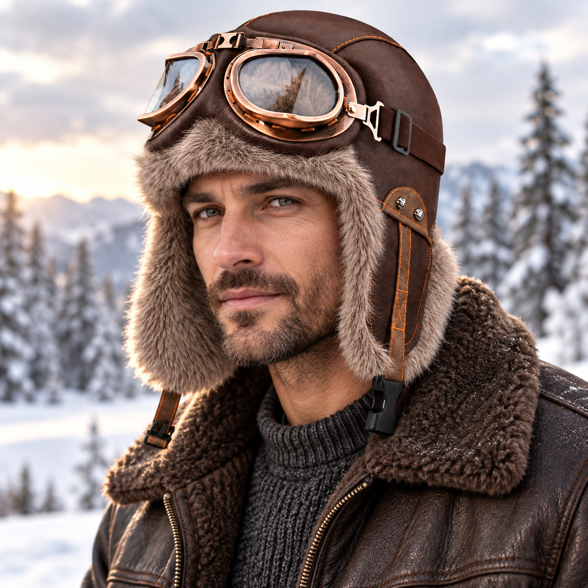 Man wearing a brown aviator hat with goggles and faux fur earflaps in a snowy setting