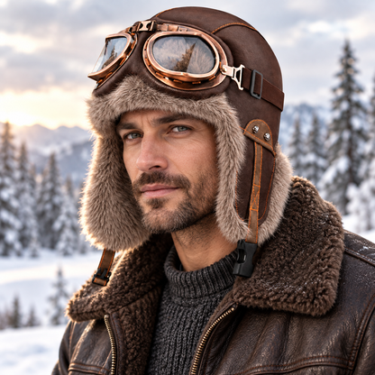 Man wearing a brown aviator hat with goggles and faux fur earflaps in a snowy setting