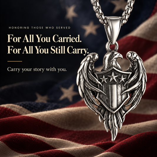 American flag eagle necklace shown against a flag-themed background